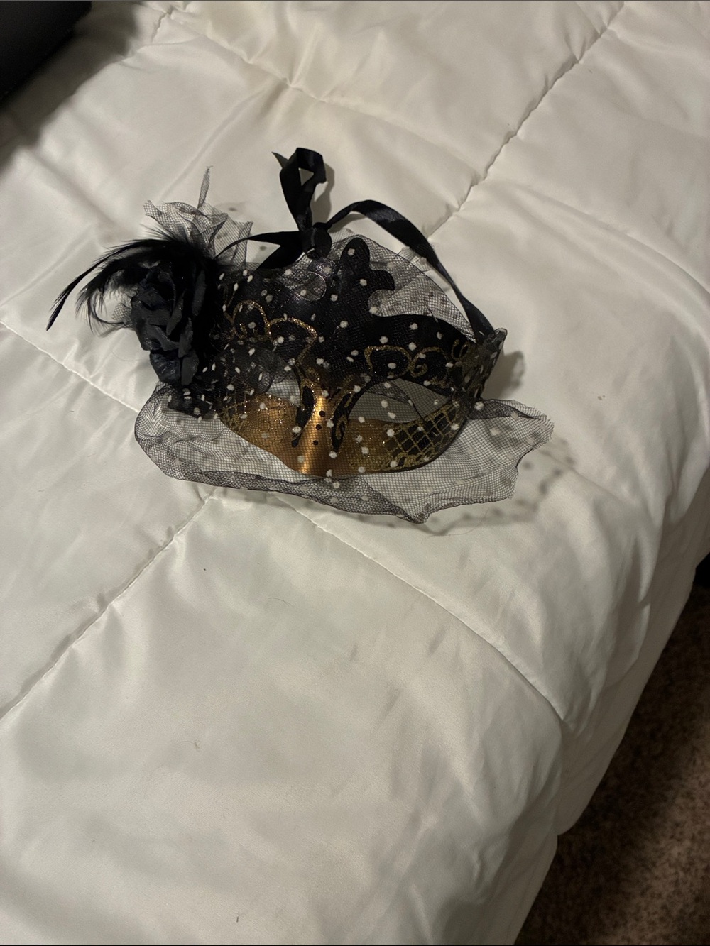 Black and Gold Venetian Masquerade Mask with Feather Accent